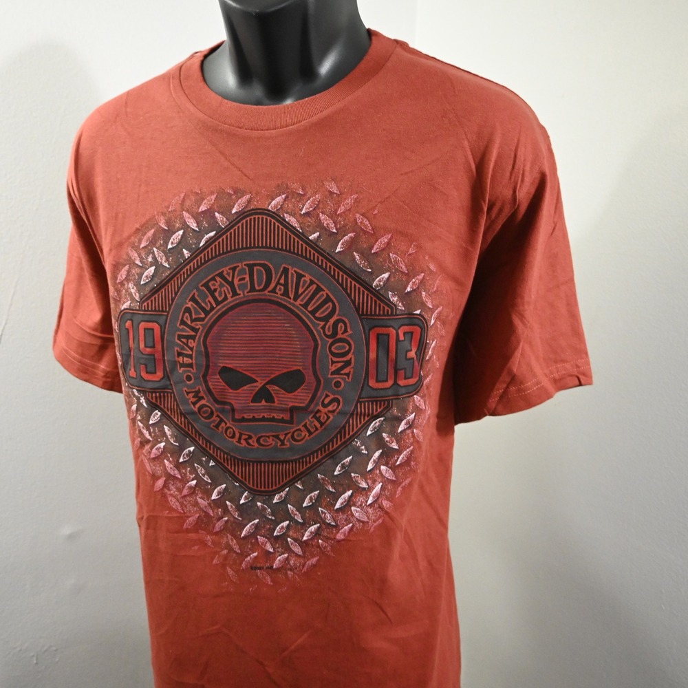 Harley Davidson T-Shirt Mens L Regular Rust Orange Skull Diamond Plate Graphic